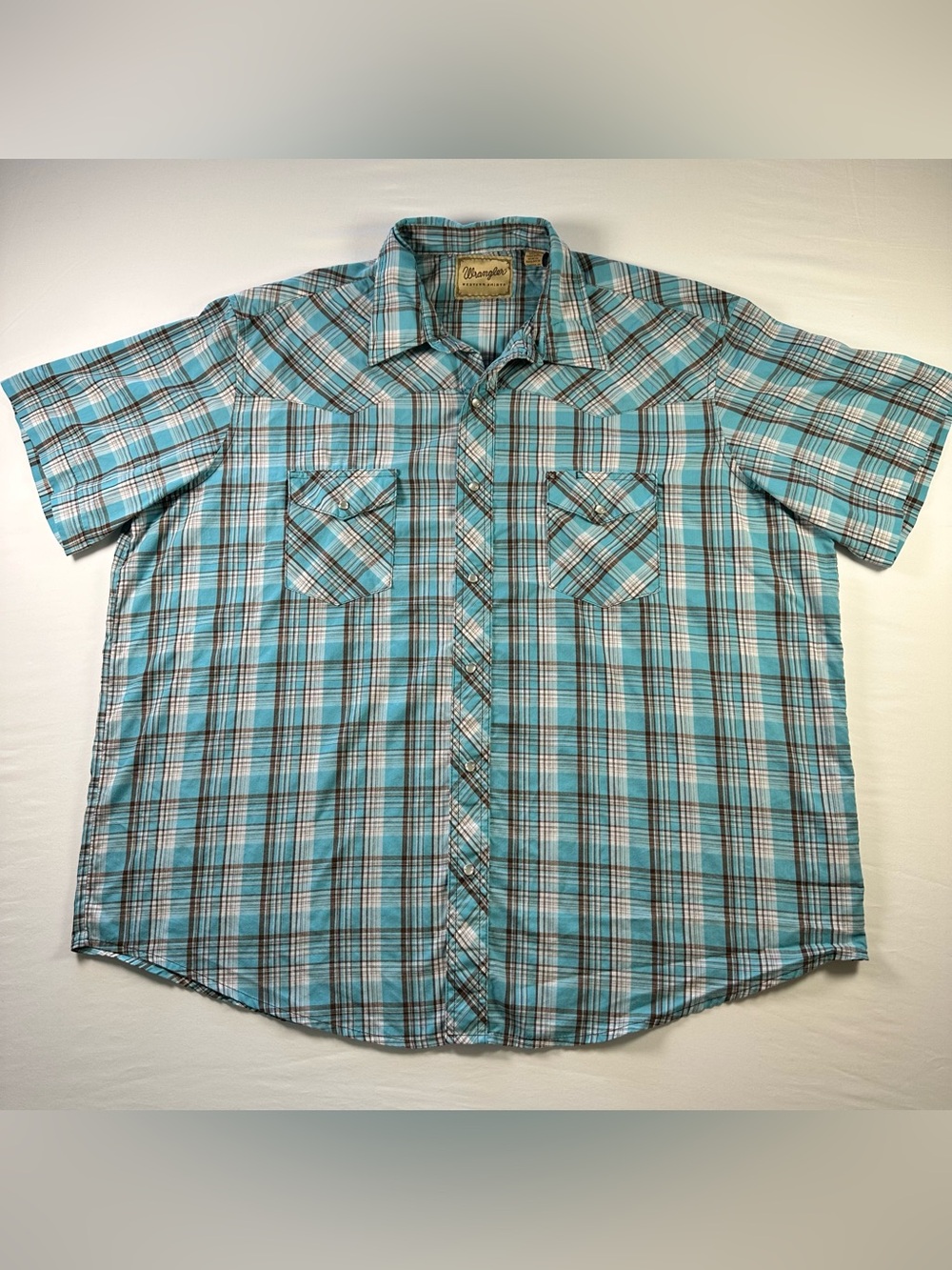 Wrangler Western Pearl Snap Shirt Mens 2XL Teal Brown Plaid Cowboy Short Sleeve